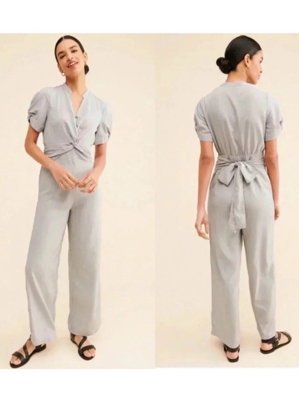 Anthro Current Air Blue Stripe Wrap Jumpsuit Short Sleeve Size S